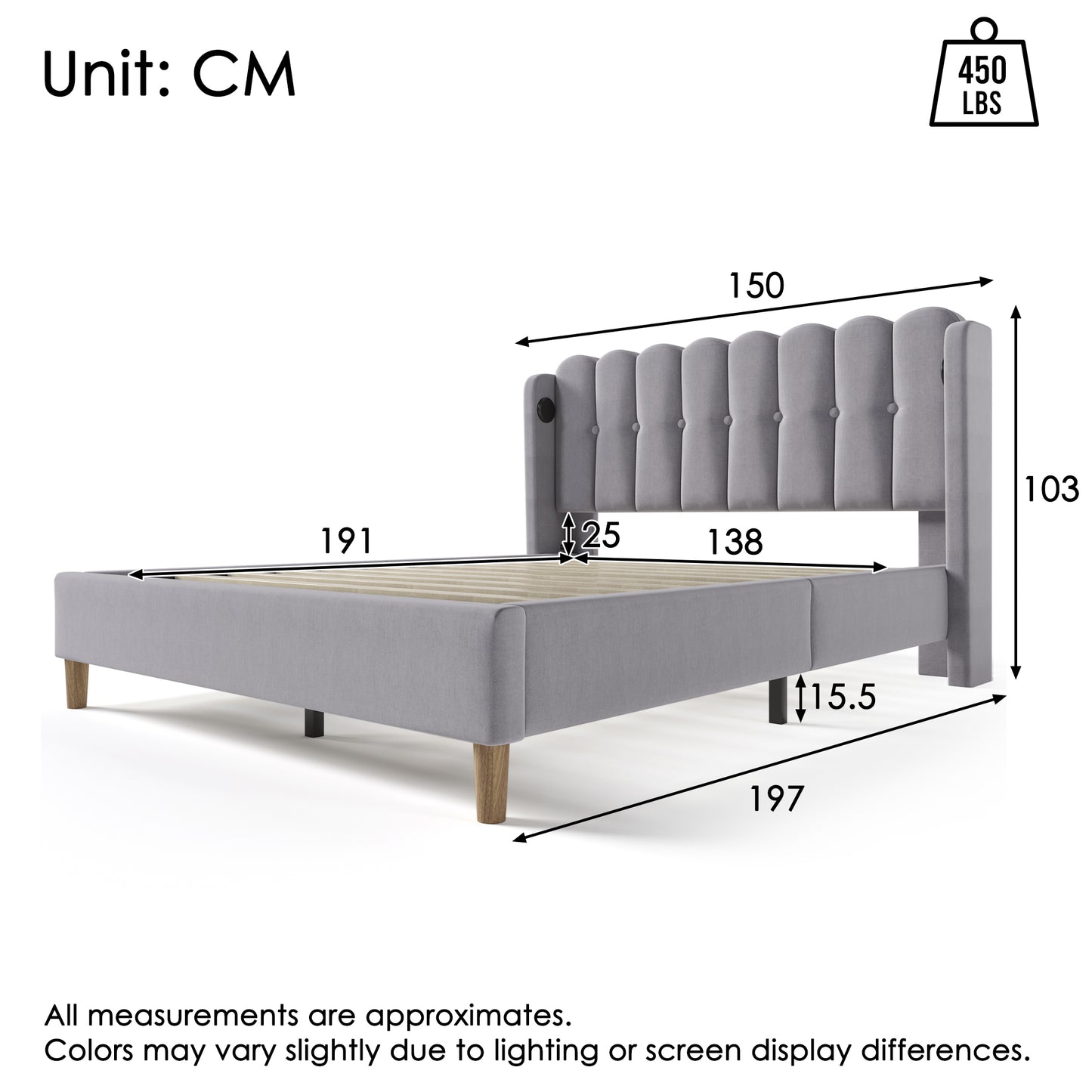 AI62 Decor Grey Linen Double Bed with USB & Type-C Charging