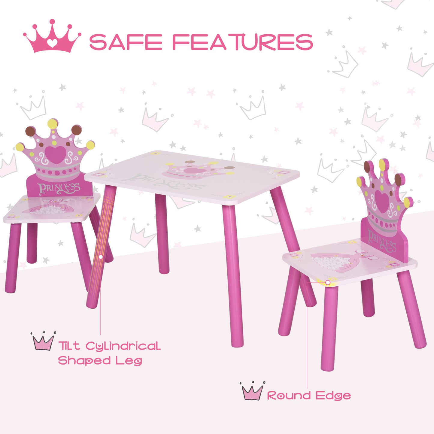 AI62 Decor 3-Piece Kids Princess & Crown Table Chair Set