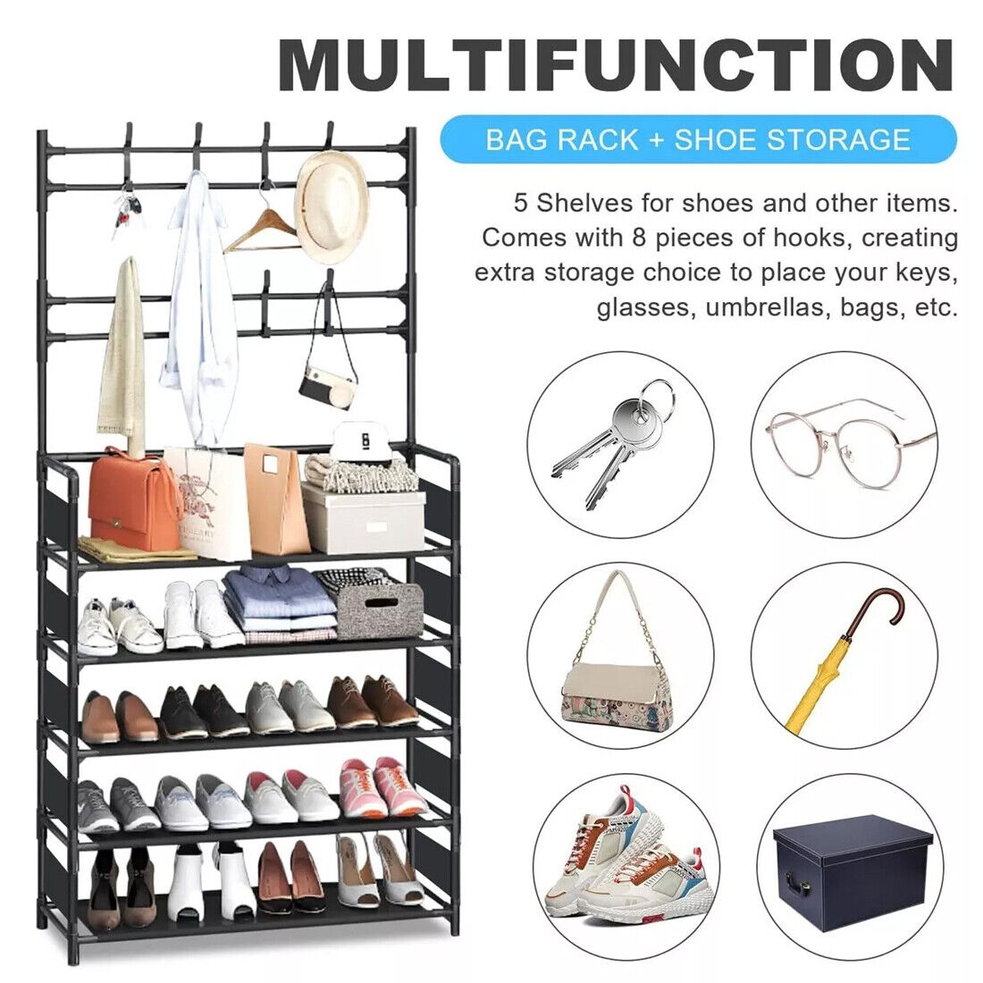 AI62 Decor 8-Hook Coat & Hat Stand with 5-Tier Shoe Rack – Black
