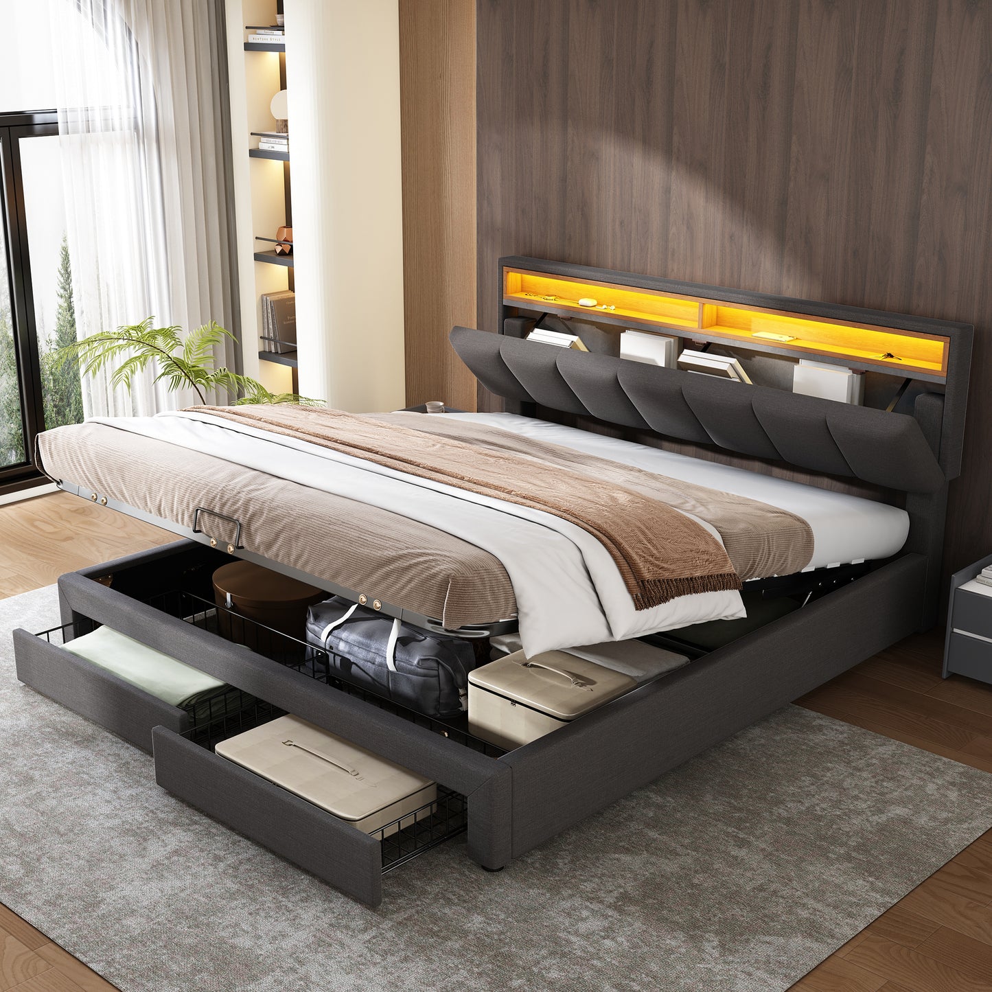 AI62 Decor LED King Size Bed with Storage & Foam Headboard - Grey