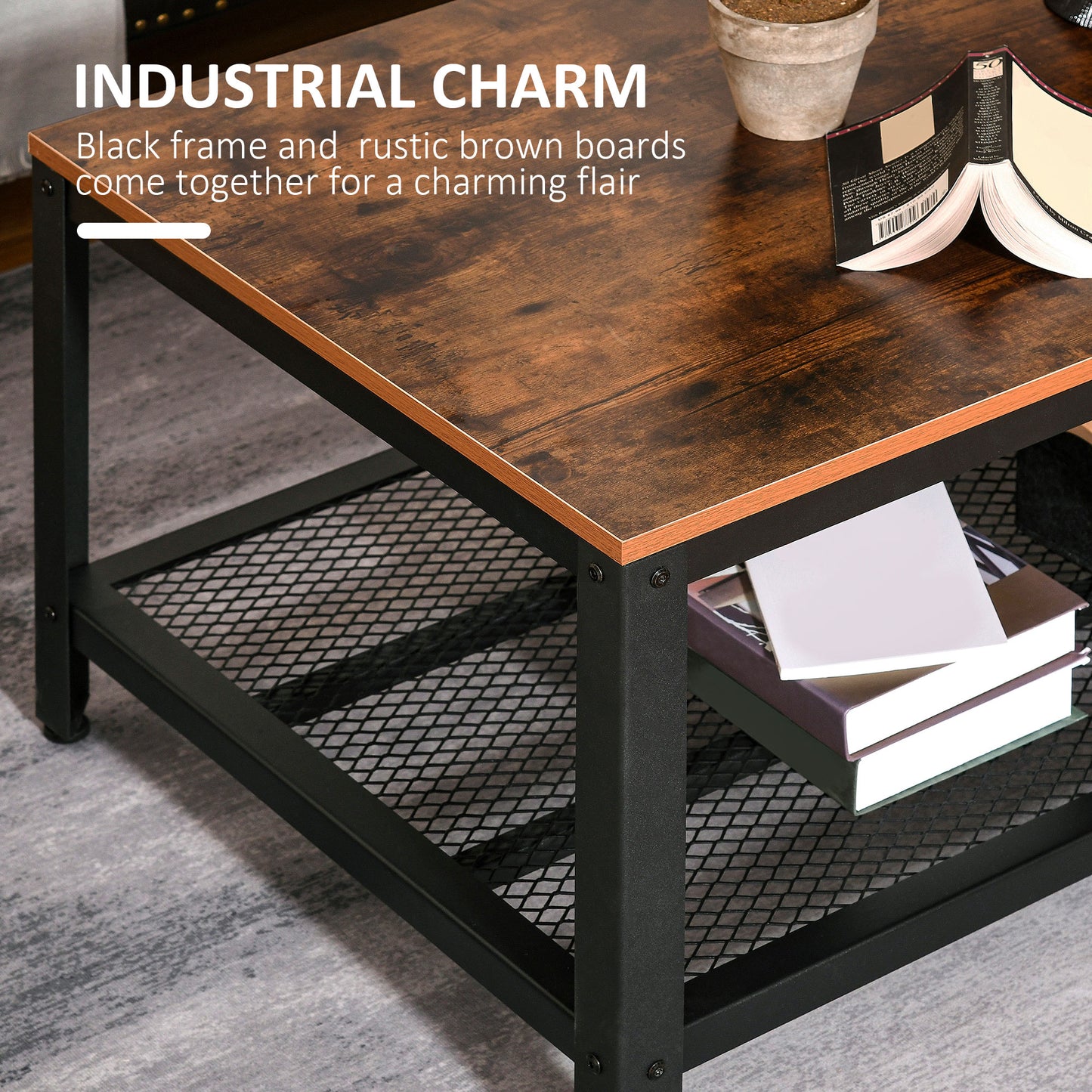 AI62 Decor Industrial Coffee Table with Storage Shelf & Metal Frame – 106×60×45cm