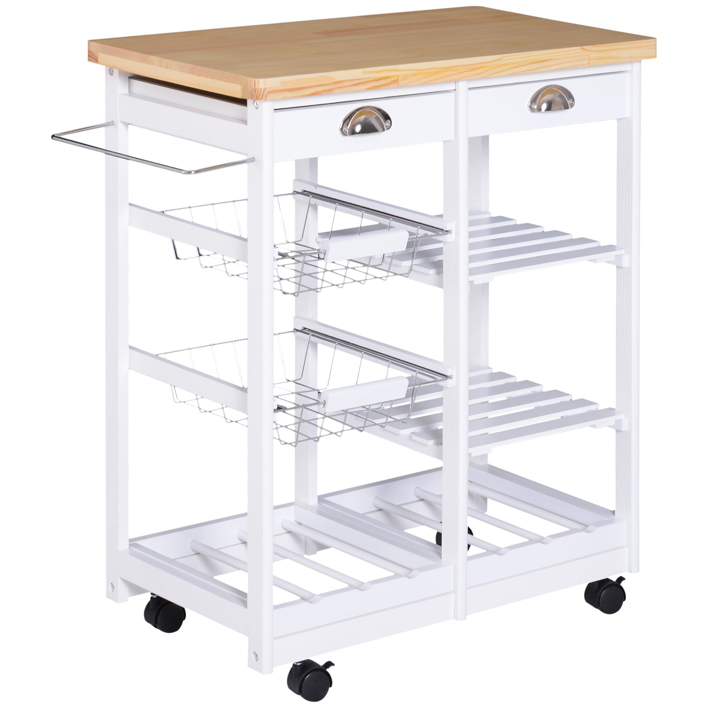 AI62 Decor Rolling Kitchen Island Trolley with Drawer, Wine Rack & Shelves – White
