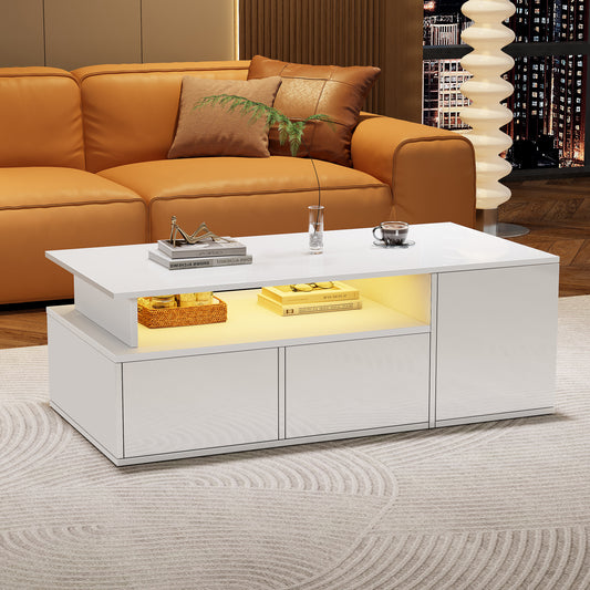 AI62 Decor High Gloss LED Coffee Table with Storage, 100×50×35 cm, White