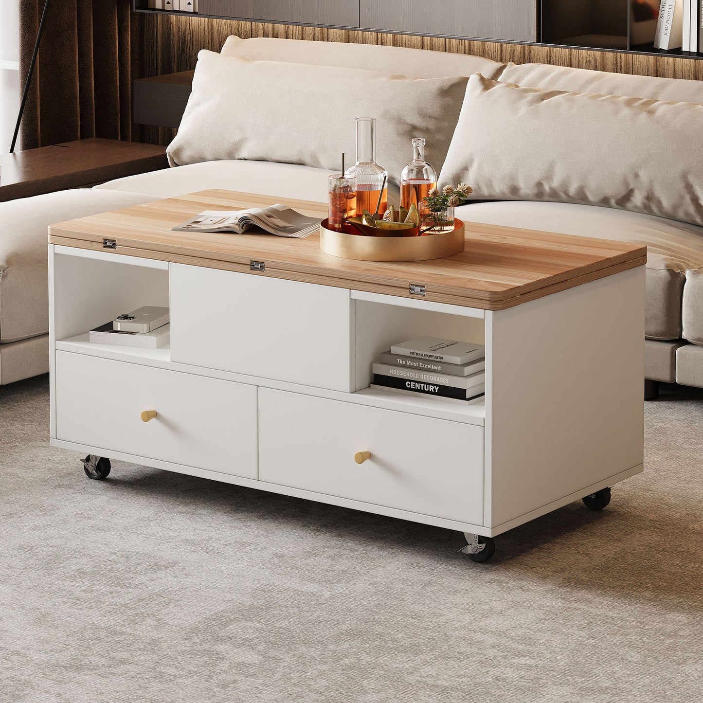 AI62 Decor Lift Top Coffee Table with Wheels & 4 Drawers