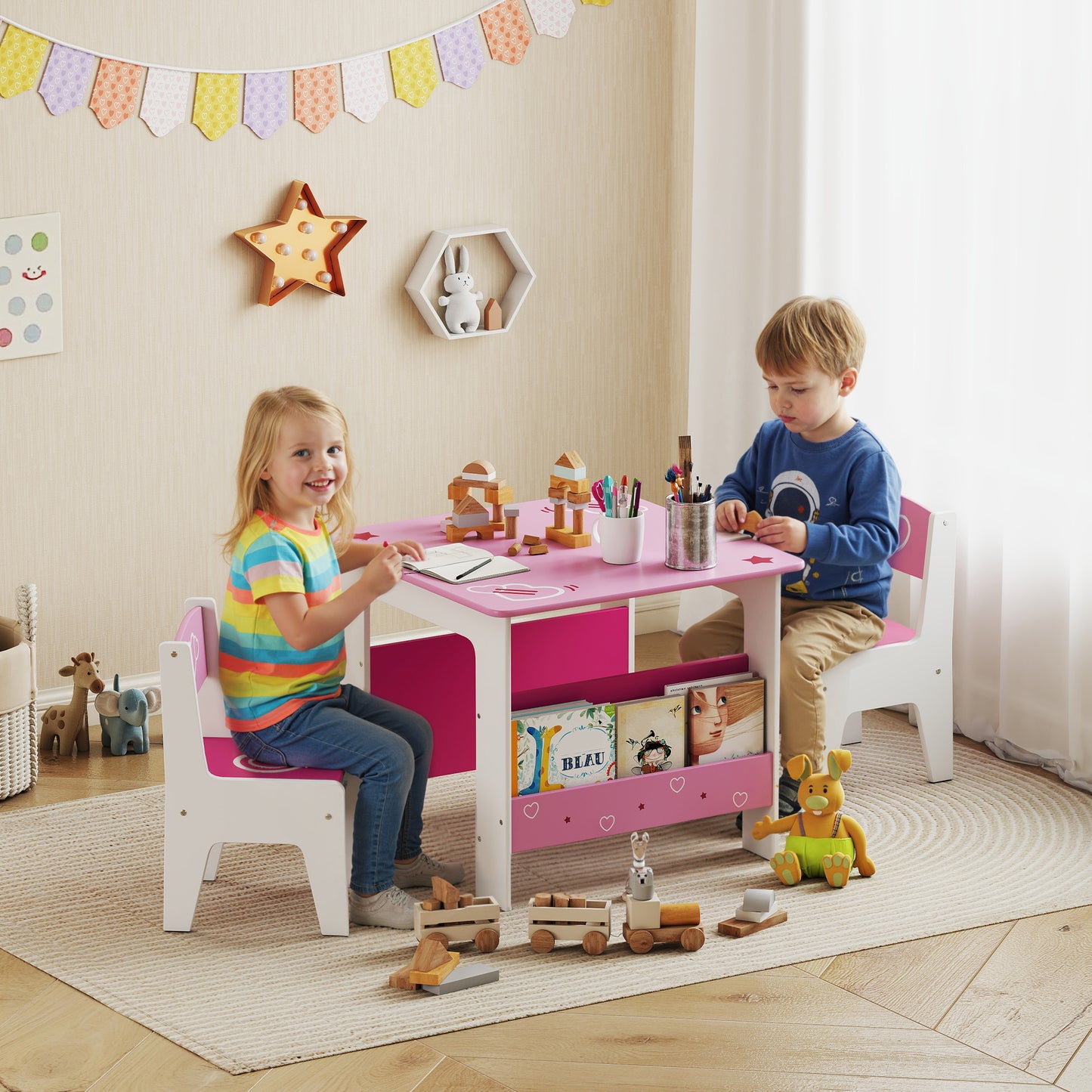 AI62 Decor Kids 3-Piece Table & Chair Set with Bookshelf – Pink