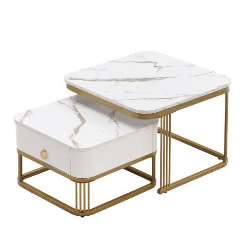 AI62 Decor High Gloss Marble Nesting Coffee Tables with Gold Accents