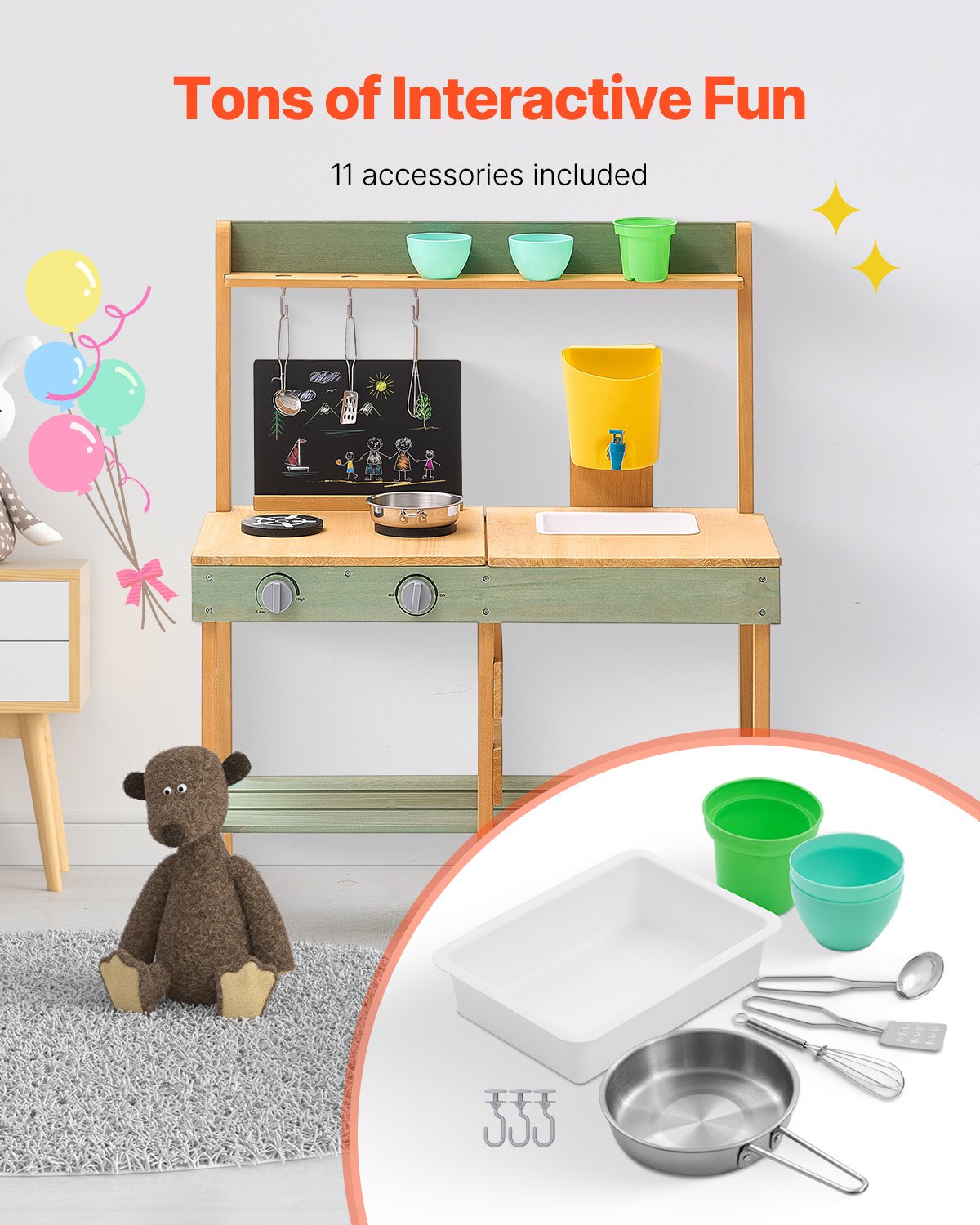 AI62 Decor Wooden Outdoor Toddler Mud Kitchen Playset with Stoves & Pots
