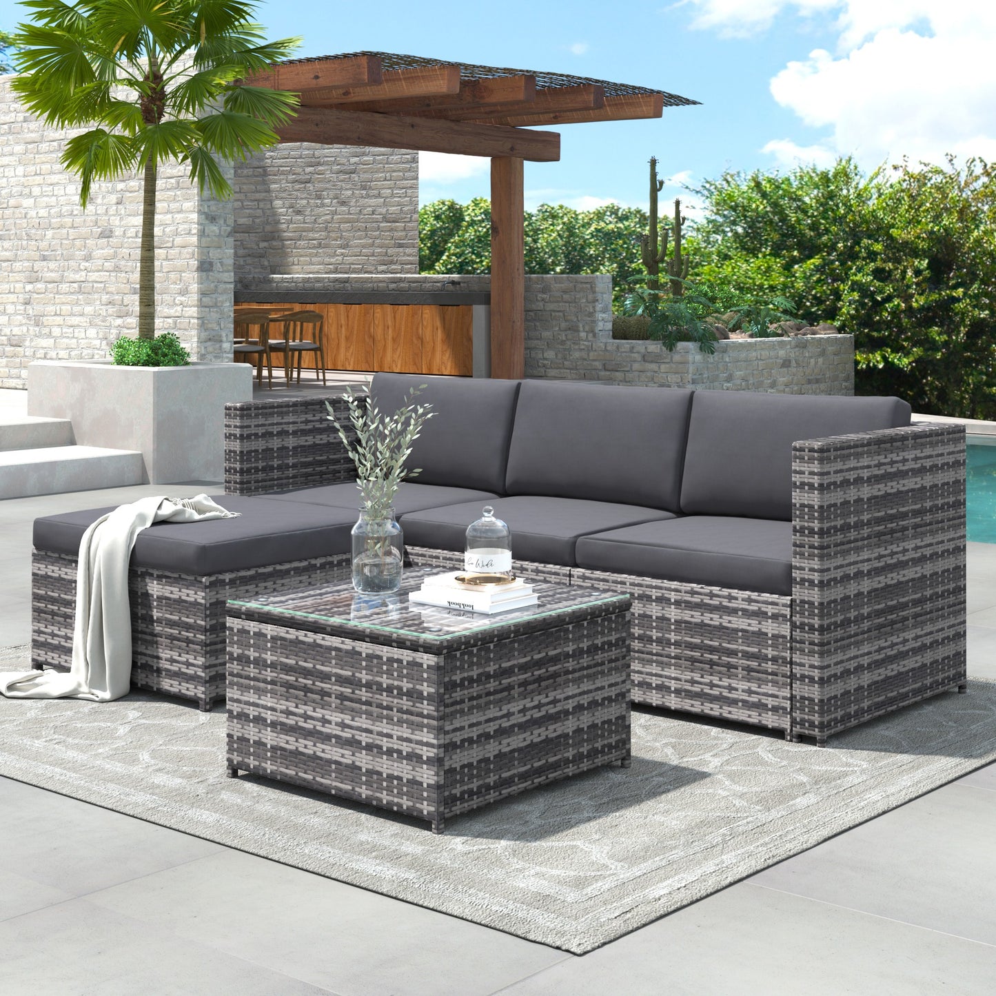 AI62 Decor Grey Rattan Garden Corner Sofa