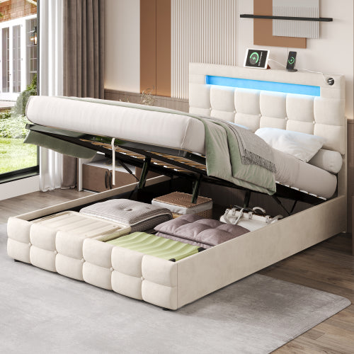 AI62 Decor Double Upholstered Ottoman Bed 4ft6 with LED & Storage, Beige