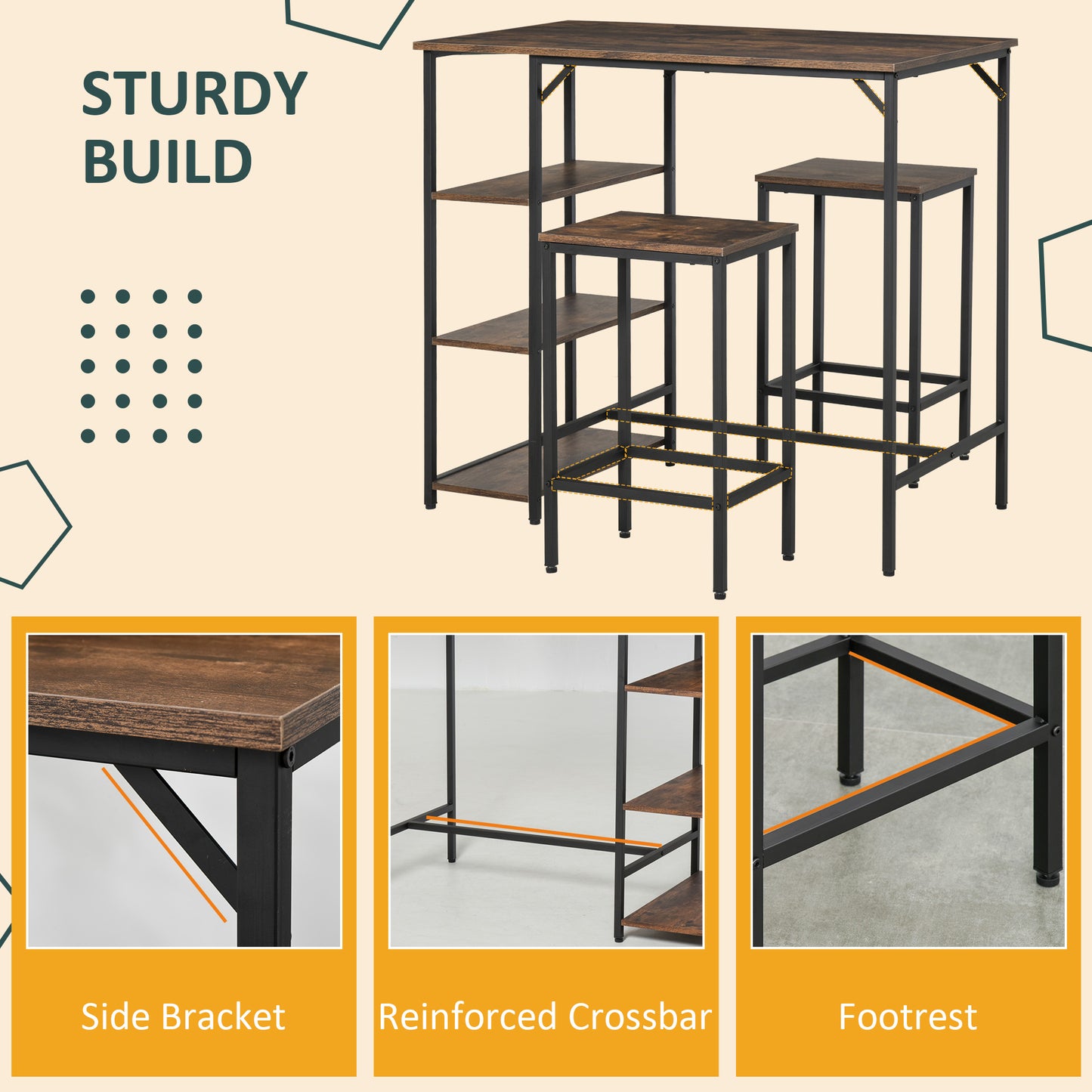 AI62 Decor Industrial 3-Piece Bar Table Set with 2 Stools & Side Shelf