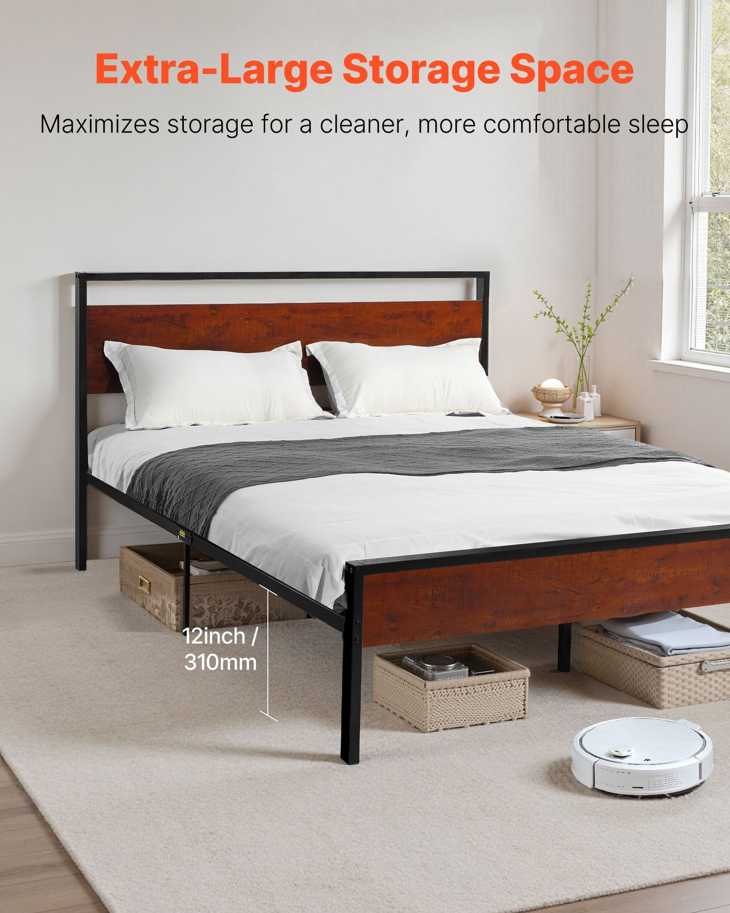 AI62 Decor Full Size Metal Platform Bed with Storage, Black & Brown