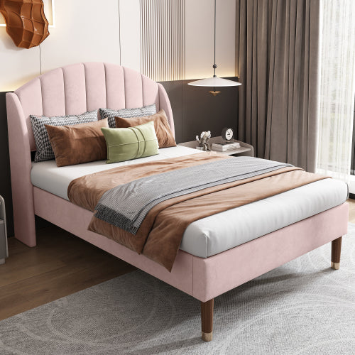 AI62 Decor Pink Velvet Single Bed with Slatted Frame & Headboard