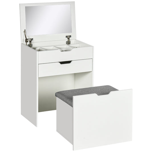 AI62 Decor Dressing Table & Storage Stool with Flip-Up Mirror – White