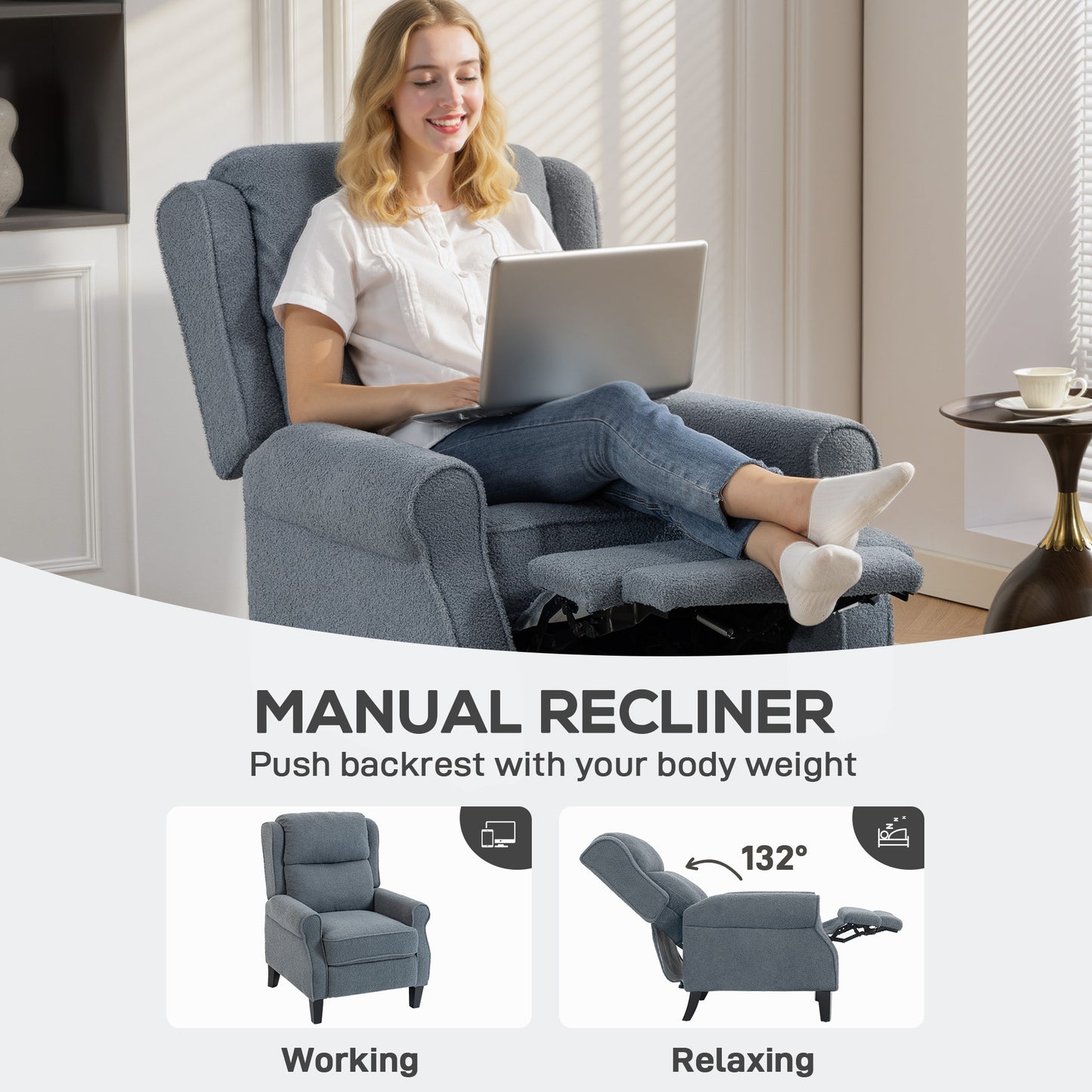 AI62 Decor Recliner Armchair With Extended Leg Rest - Grey