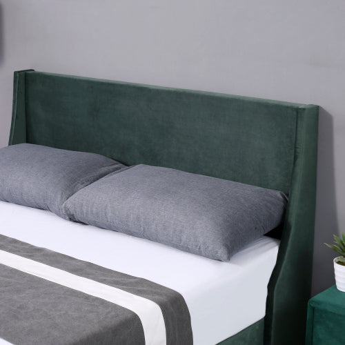 AI62 Decor Dark Green Upholstered Double Bed with Winged Headboard