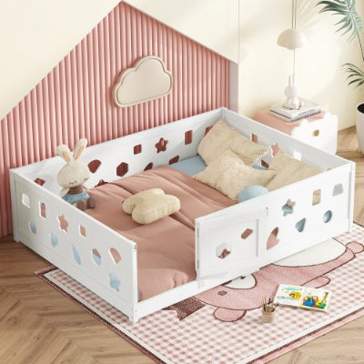 AI62 Decor Full Size Wooden Floor Bed with Safety Guardrails