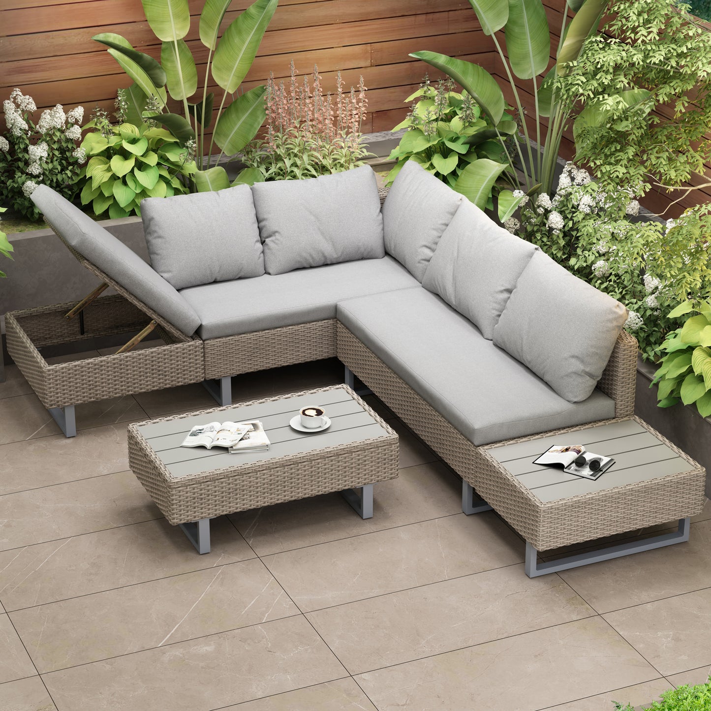 AI62 Decor Khaki Rattan Corner Garden Sofa Set with Coffee Table – Industrial Style