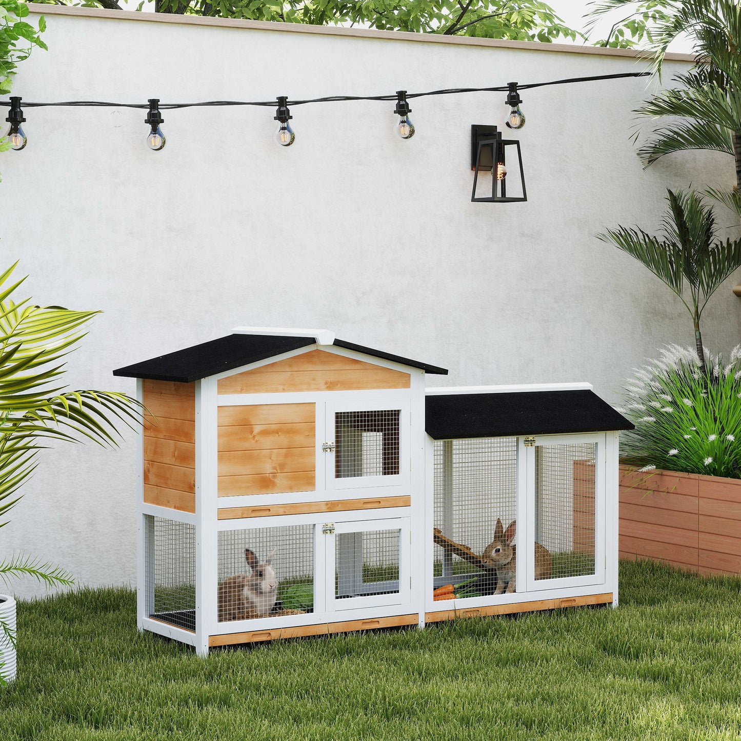 AI62 Decor 2-Tier Wooden Rabbit & Guinea Pig Hutch with Run – Yellow