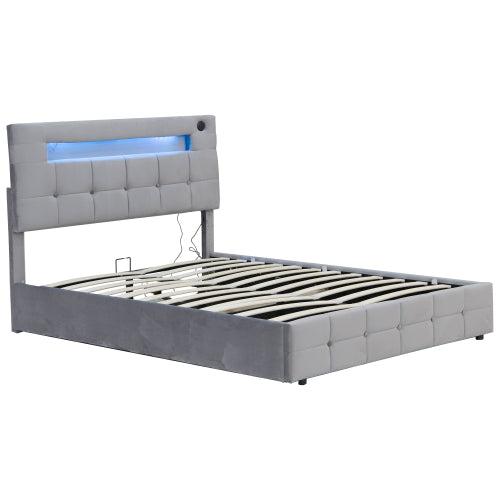 AI62 Decor Double Upholstered Ottoman Bed 4ft6 with LED & Storage, Beige