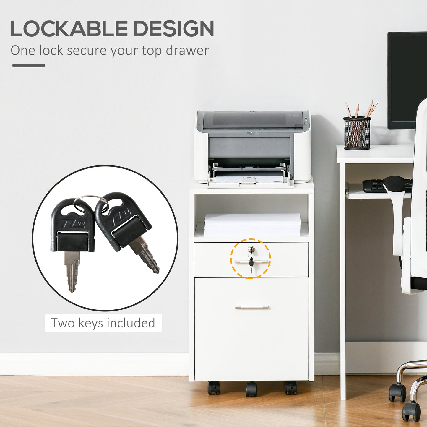 AI62 Decor White Two-Drawer Filing Cabinet with Lock & Wheels by Vinsetto