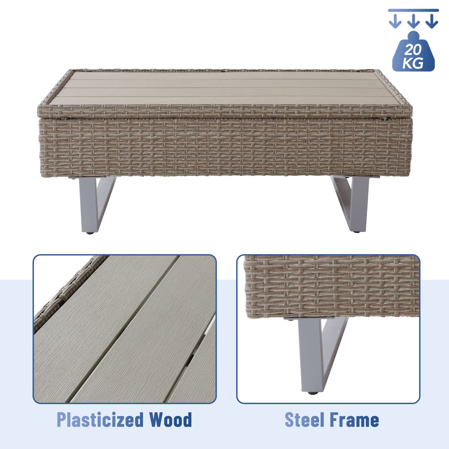 AI62 Decor Khaki Rattan Corner Garden Sofa Set with Coffee Table – Industrial Style