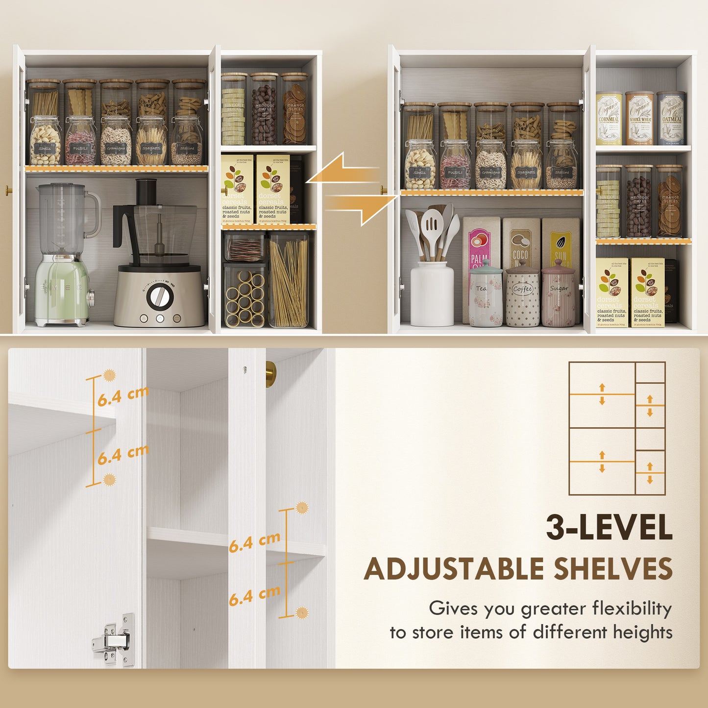 AI62 Decor Multi-Storage Kitchen Cabinet with Glass Doors – White Wood Effect