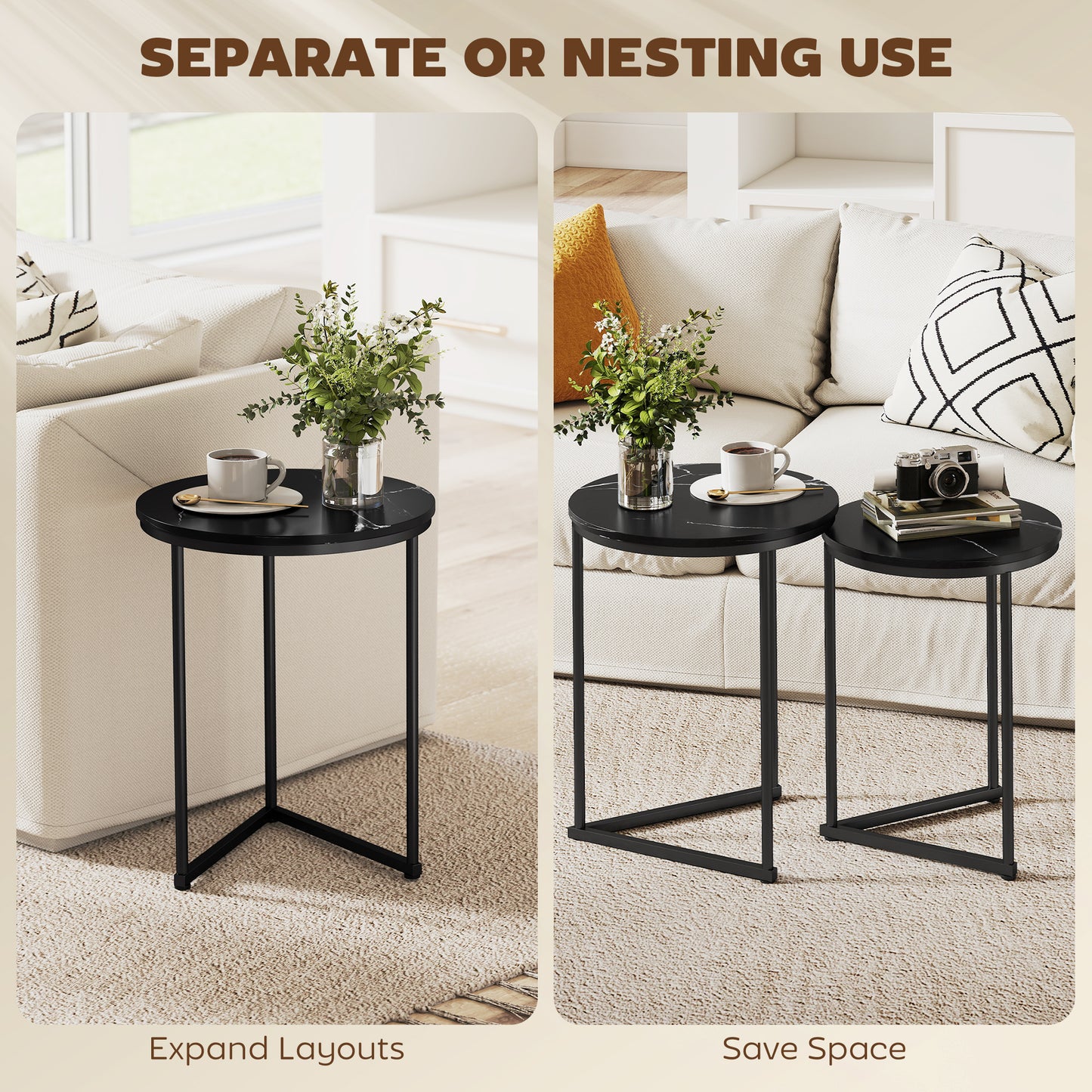 AI62 Decor Set Of Two Marble-Effect Nest Of Tables - Black Marble Effect