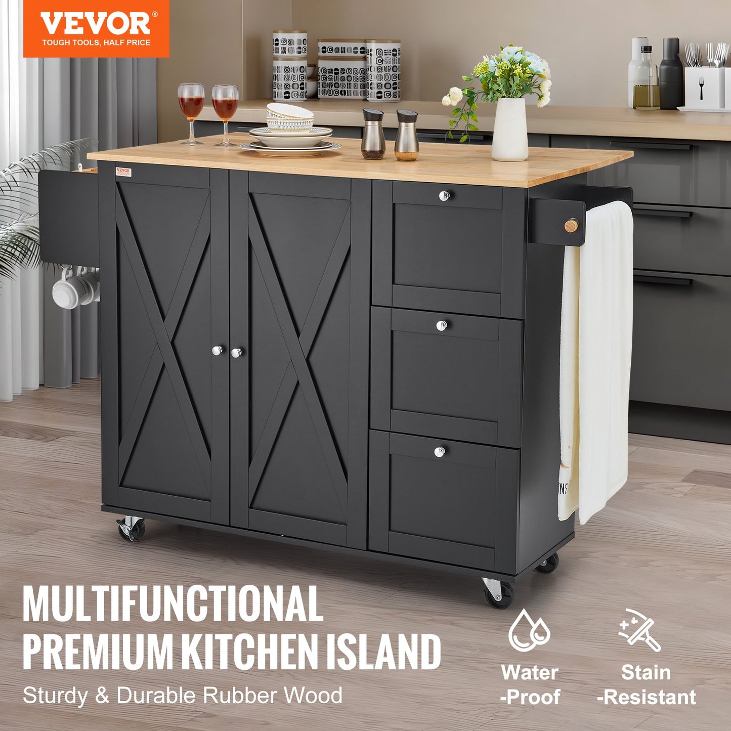 AI62 Decor 56″ Kitchen Island Cart with Storage Cabinet & Wood Top, Black