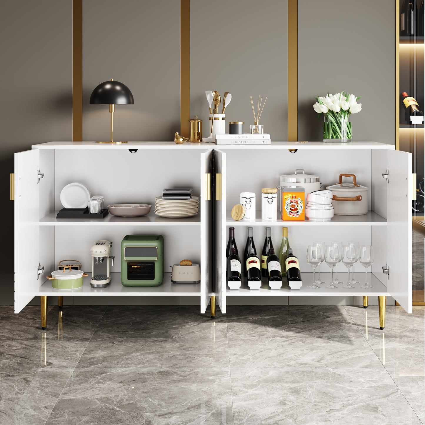 AI62 Decor White Wave Sideboard 152×40×75 cm with Gold Accents