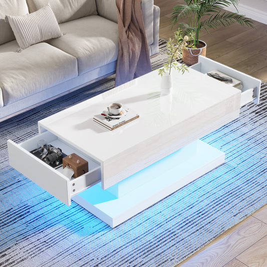 AI62 Decor High-Gloss LED Coffee Table with 2 Drawers (White, 100×50×45 cm)