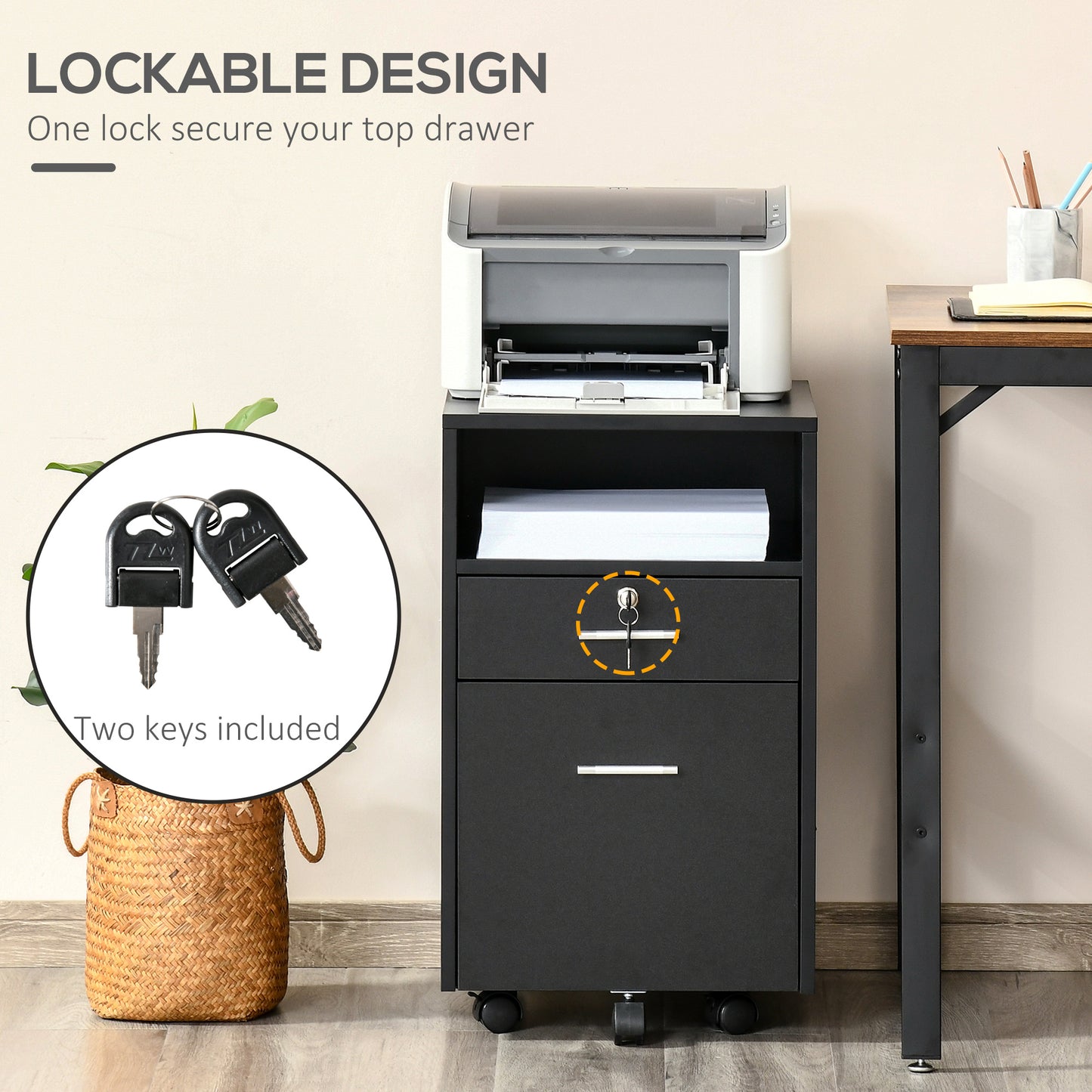 AI62 Decor Lockable Two-Drawer Filing Cabinet with Wheels