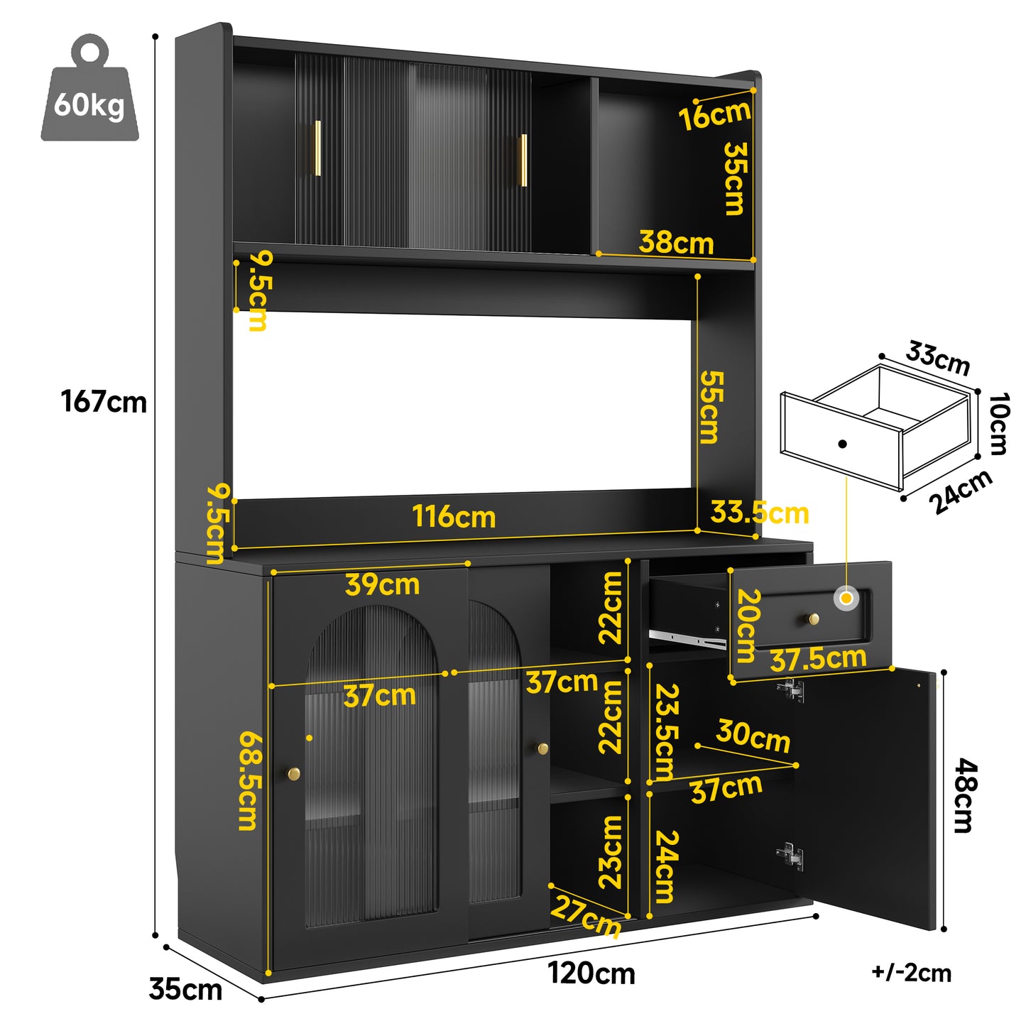 AI62 Decor Tall Kitchen Cabinet 120×35×167cm with LED – Black