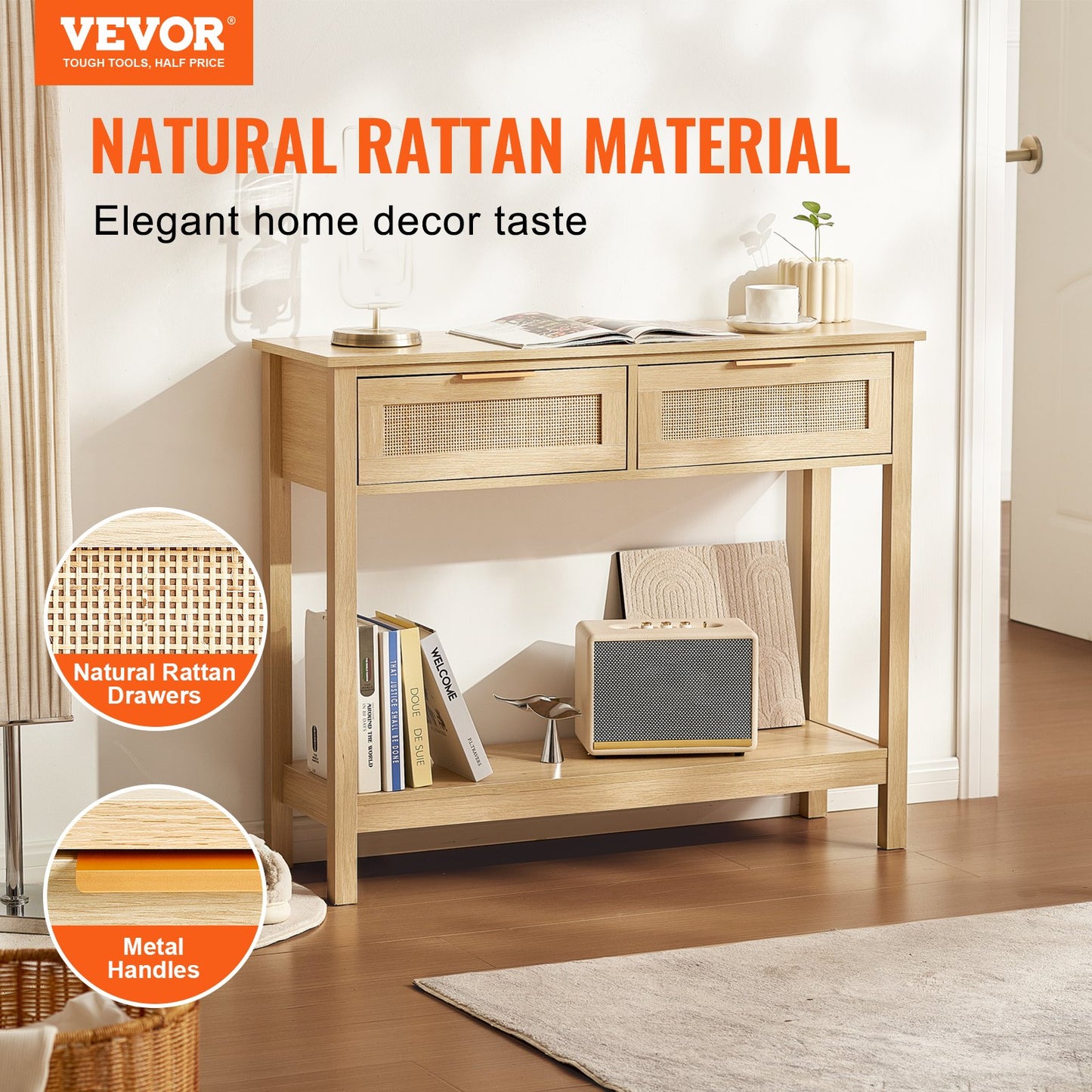 AI62 Decor Rattan Console Table with 2 Storage Drawers