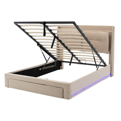 AI62 Decor Beige Velvet Double Bed 135x190cm with Storage & LED
