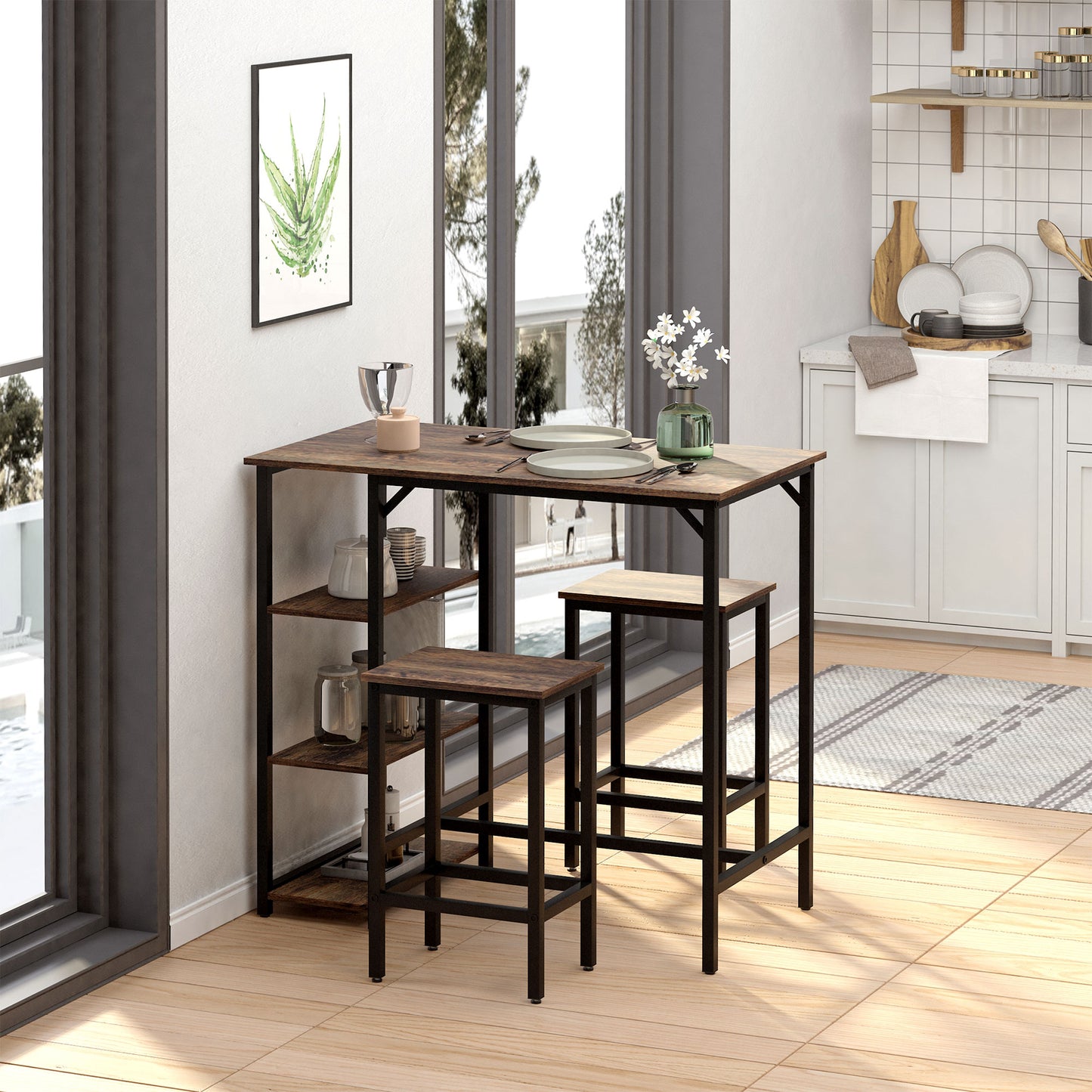 AI62 Decor Industrial 3-Piece Bar Table Set with 2 Stools & Side Shelf