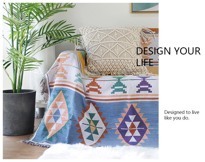 AI62 Decor Bohemian Sofa Cover & Geometric Knitted Throw Blanket