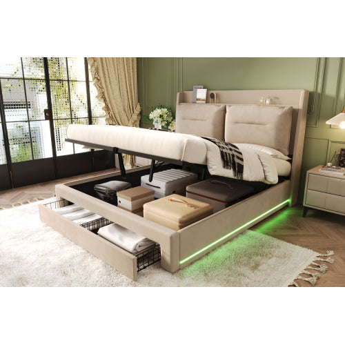 AI62 Decor Beige Velvet Double Bed 135x190cm with Storage & LED