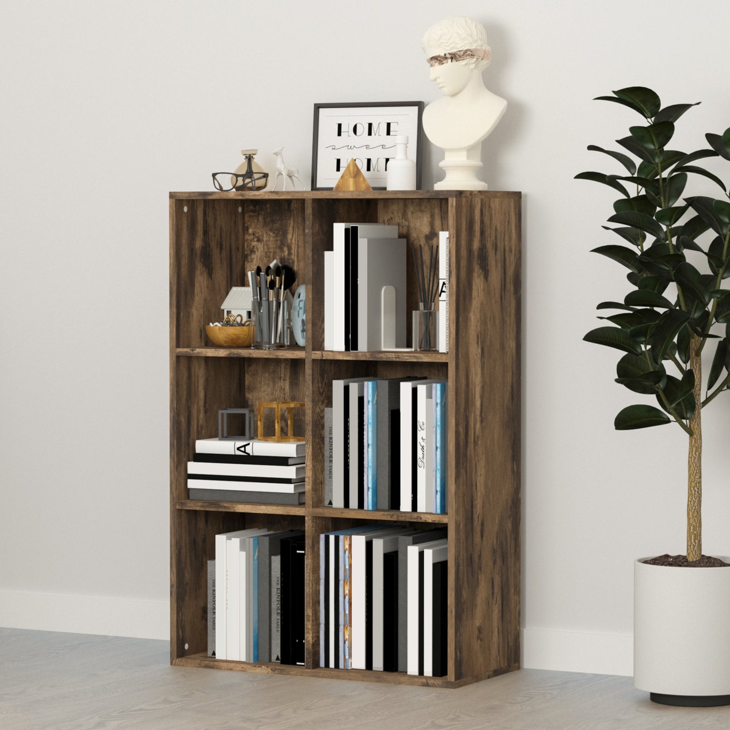 AI62 Decor Six-Cube Bookcase - Rustic Brown Wood Effect