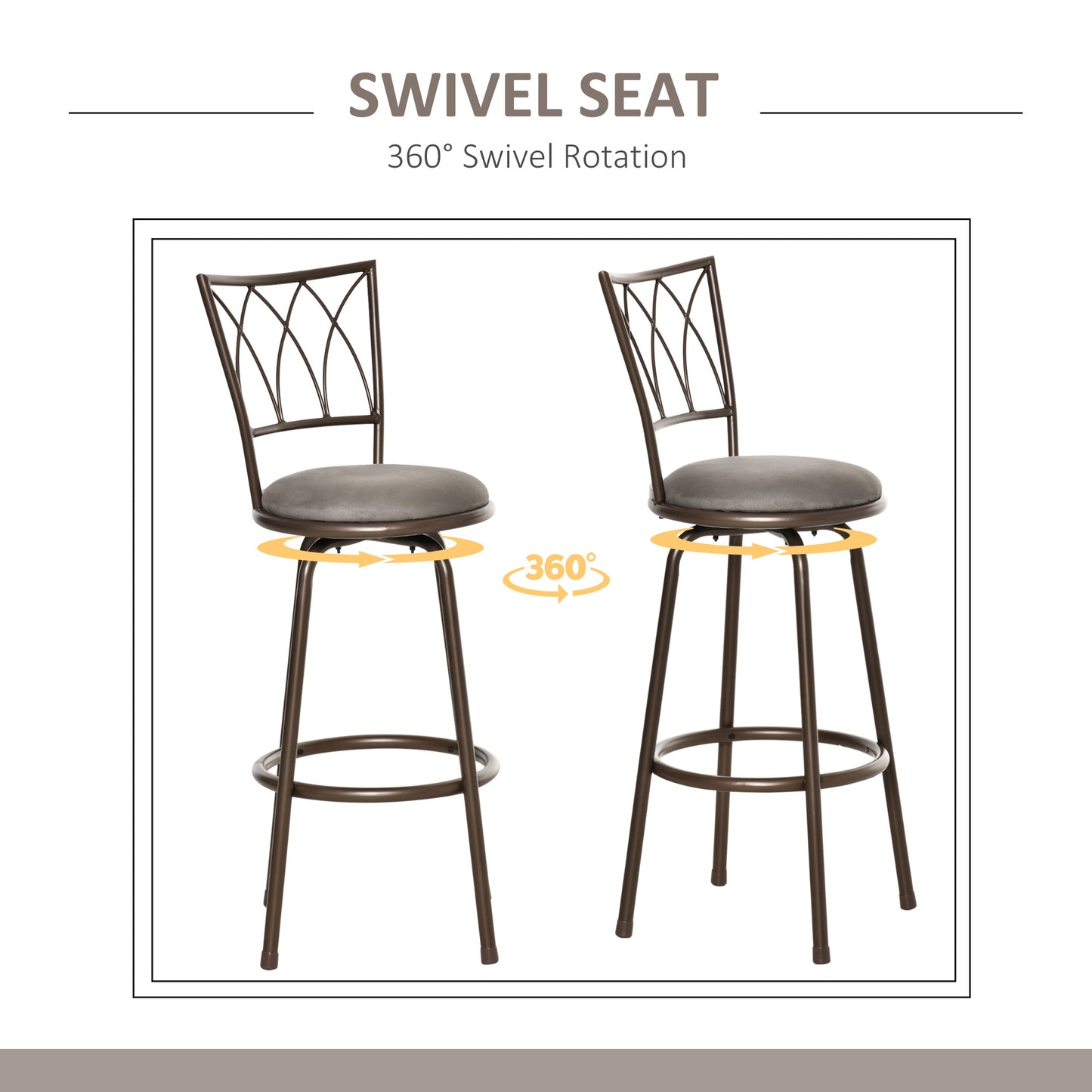 AI62 Decor Set of 2 Swivel Upholstered Bar Chairs with Backrest & Footrest – Bronze