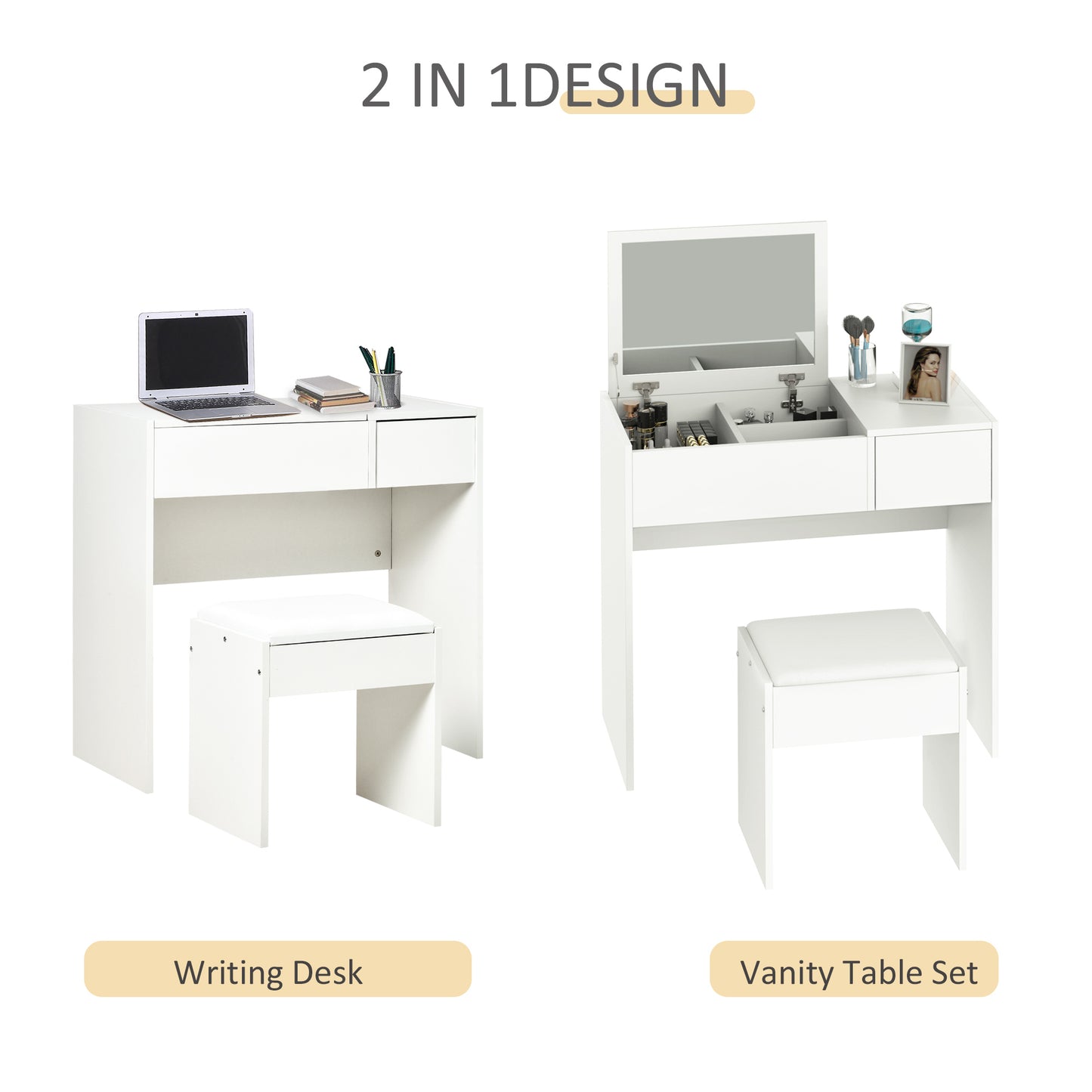 AI62 Decor Vanity Table Set with Flip-Up Mirror & Stool
