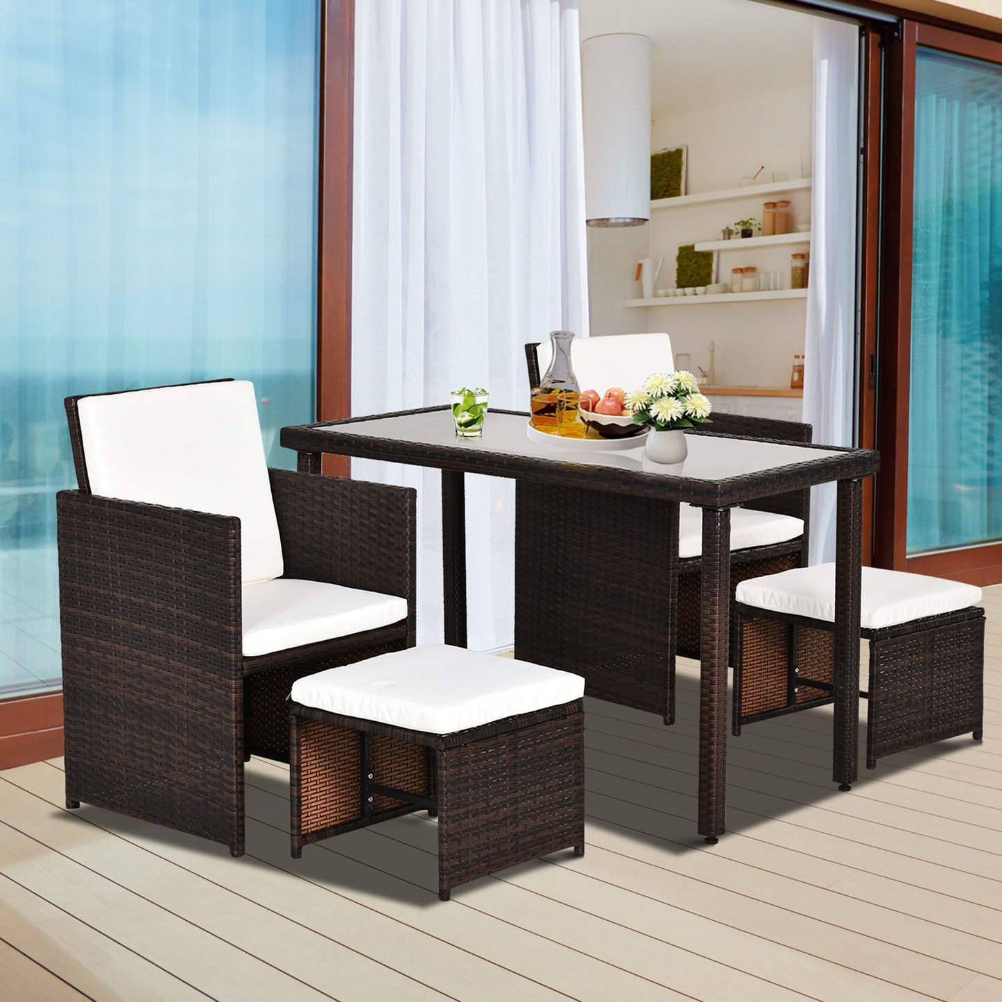 AI62 Decor 2-Seater Rattan Garden Dining Set with Cushions – Brown