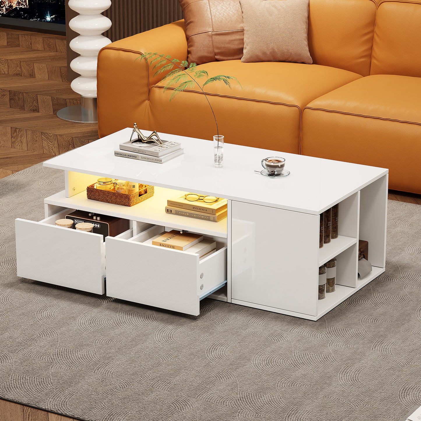 AI62 Decor High Gloss LED Coffee Table with Storage, 100×50×35 cm, White