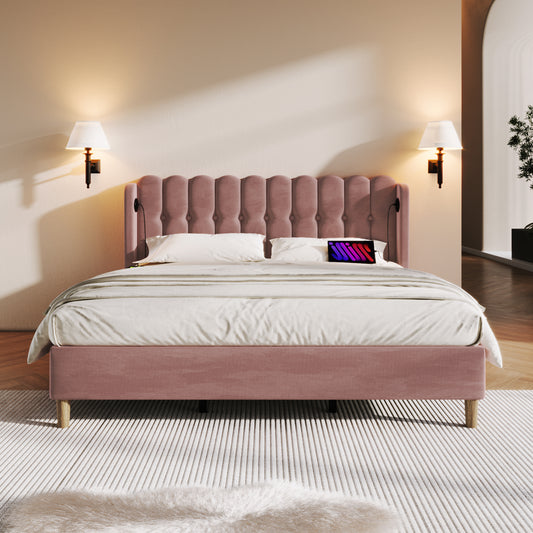AI62 Decor Pink Velvet Double Bed 135x190cm with Charging Ports