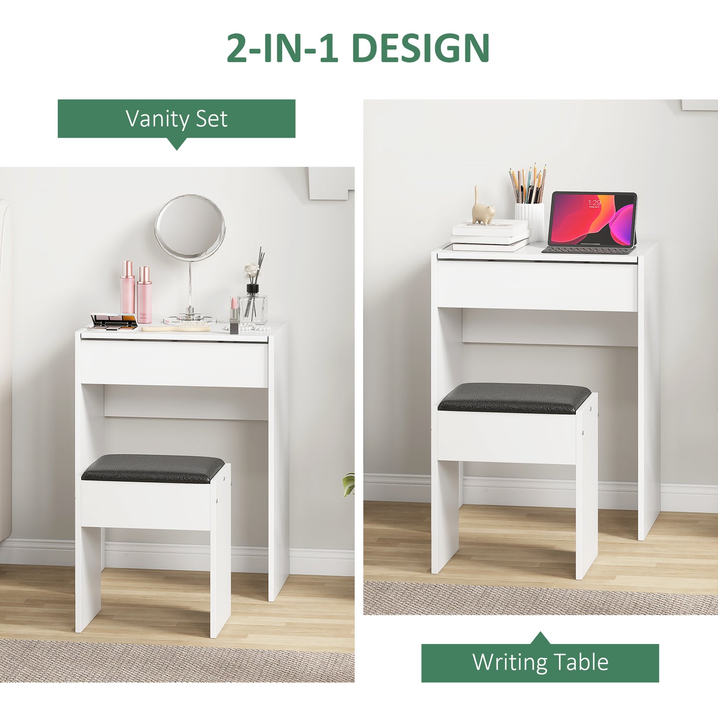 AI62 DecorVanity Dressing Table with Mirror & Stool – White
