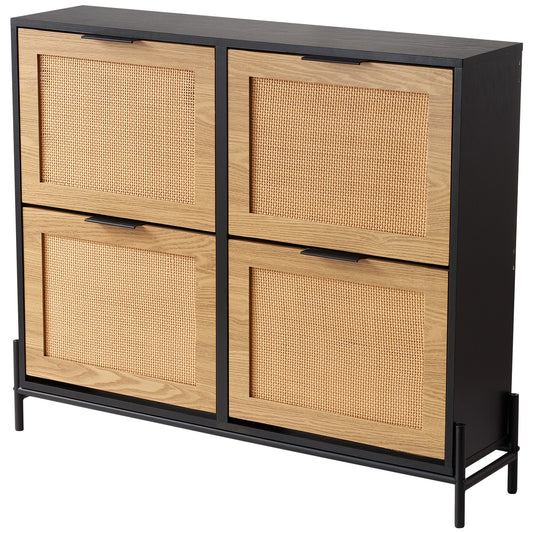 AI62 Decor Narrow Rattan Shoe Cabinet with 4 Flip Drawers – Light Wood