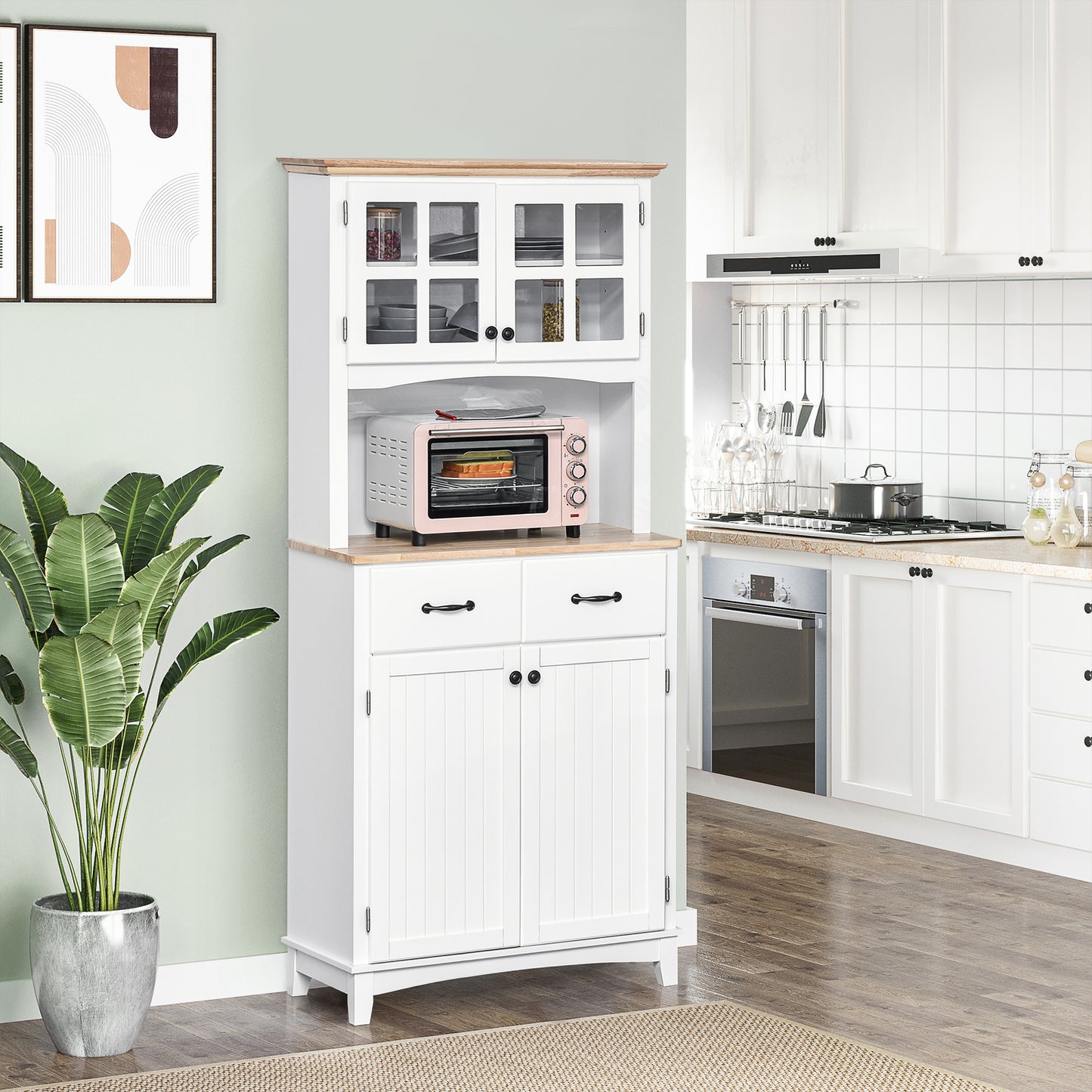 AI62 Decor White Freestanding Kitchen Cabinet with Glass Doors & Drawers