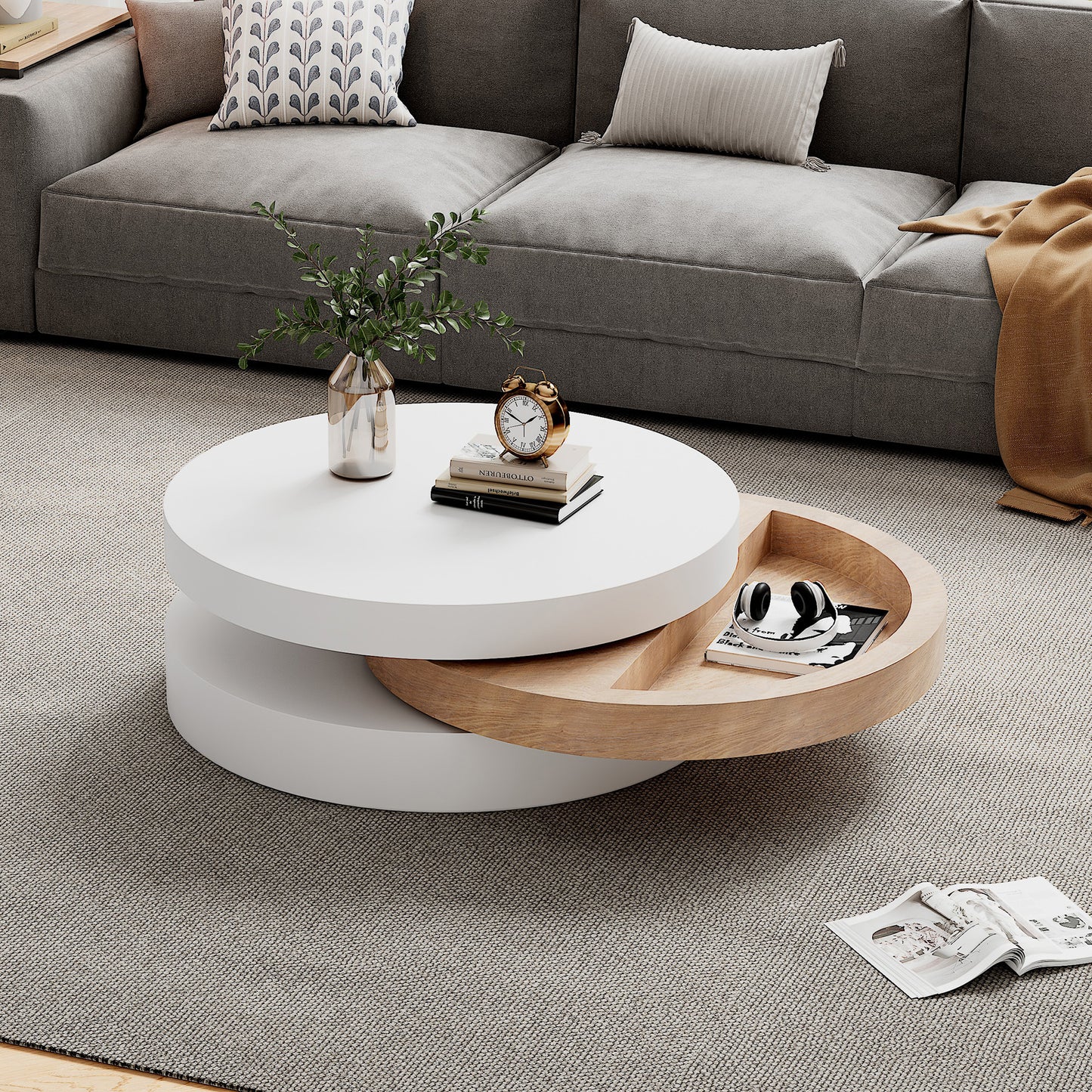 AI62 Decor Round 3-Tier Rotating Coffee Table with Storag