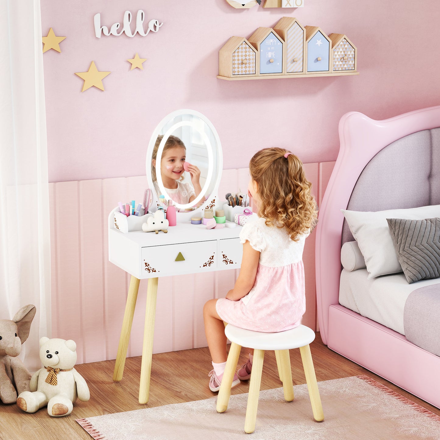 AI62 Decor Kids Vanity Set with LED Mirror & Chair – White