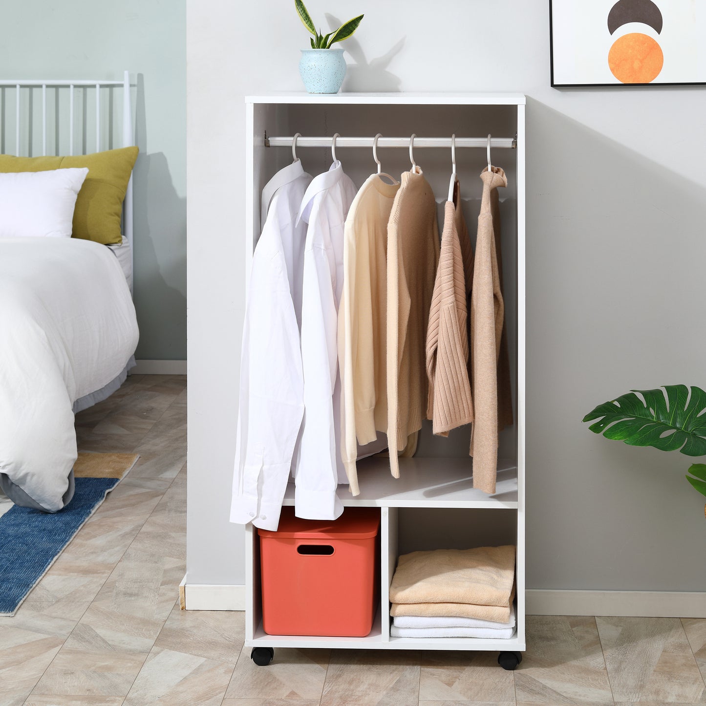 AI62 Decor Mobile Open Wardrobe with Hanging Rail & 2 Shelves – White