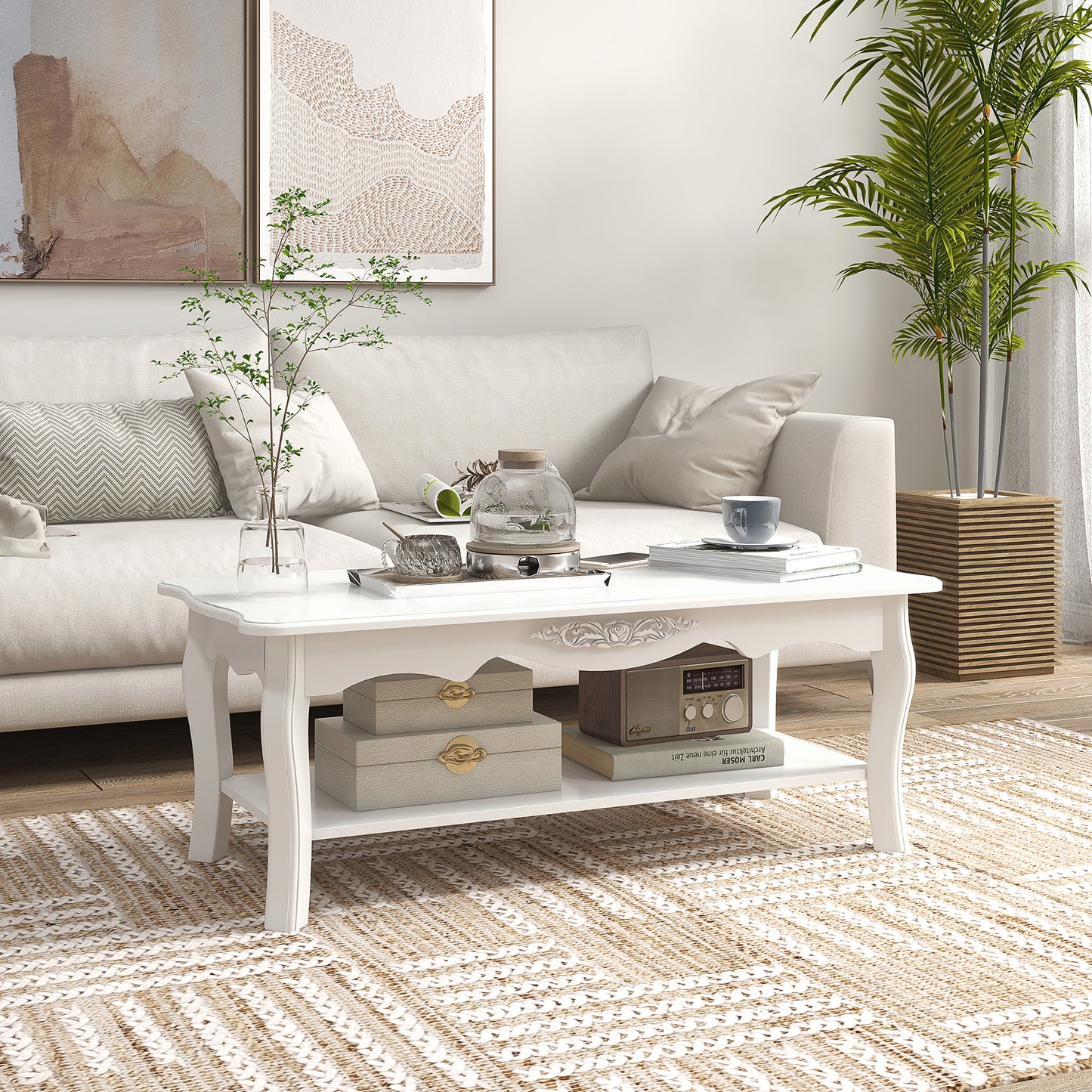 AI62 Decor White Coffee Table with Storage Shelf